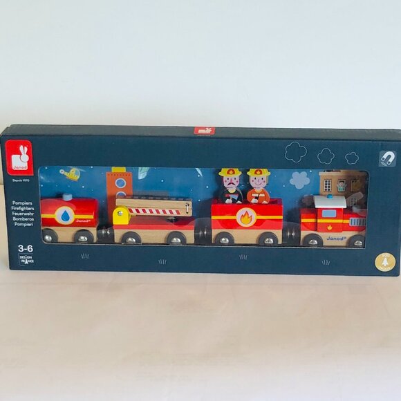 Janod  Firefighters  Wooden Train Connecting w/ Magnetic Connector Brand New - Picture 3 of 10